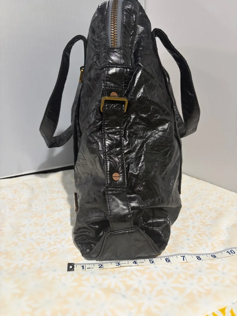 Black‎ Faux Leather Textured Hobo Bag with Gold Accents